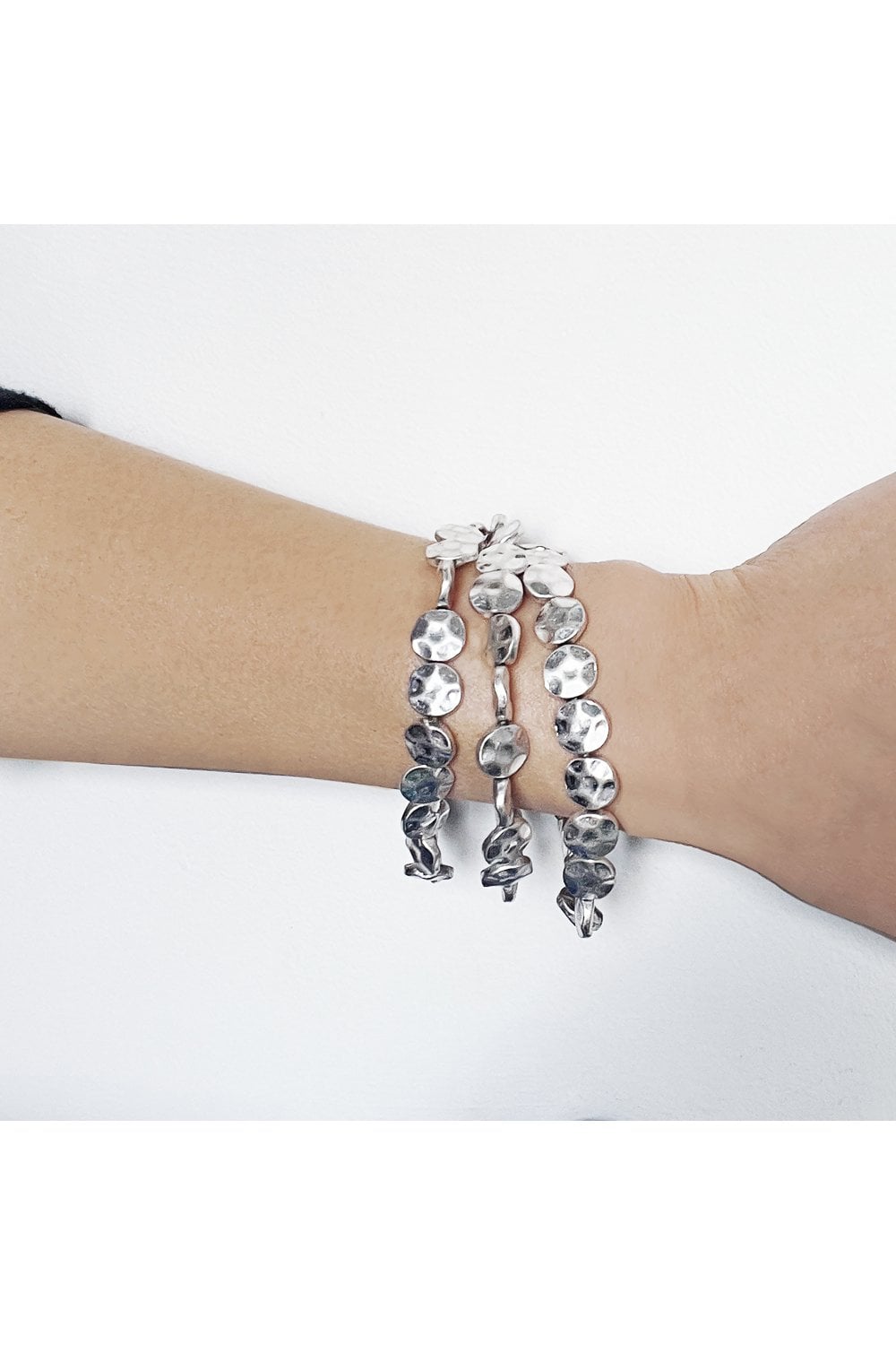 Triple Hammered Coin Stack Bracelet Set