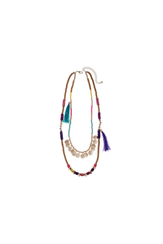 Boho Multicolour Tassel & Coin Charm Necklace