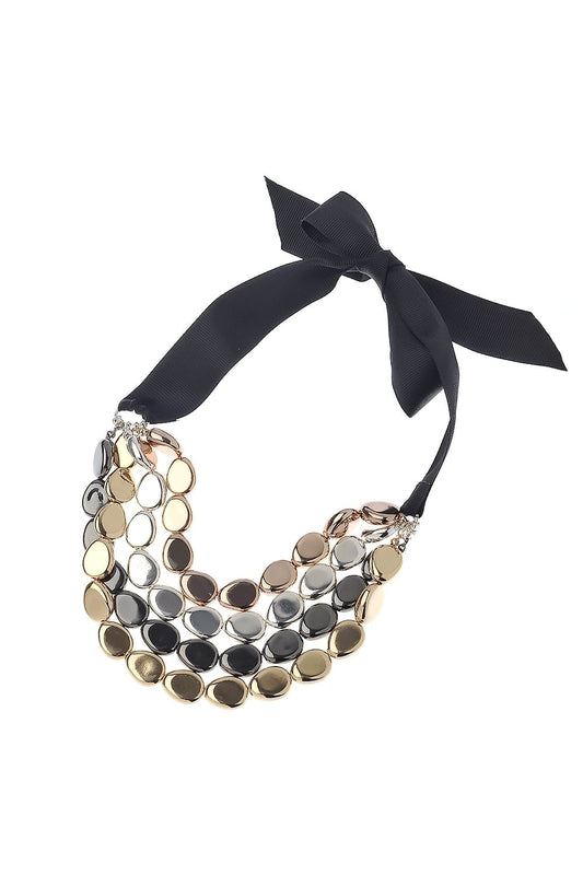 Chic Ribbon Tie Multi Strand Beaded Necklace